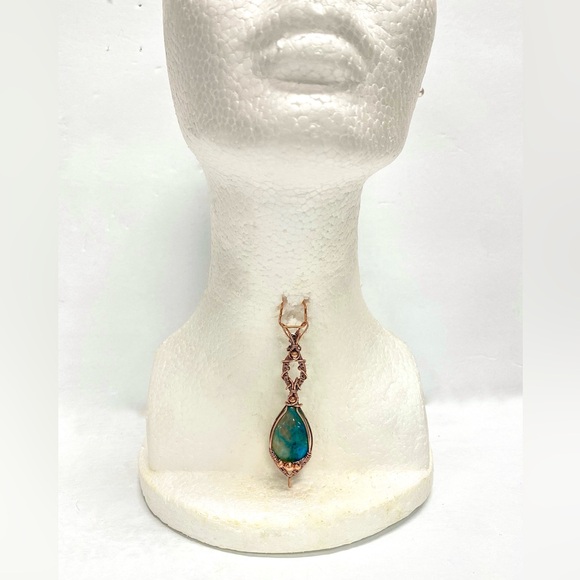 HANDCRAFTED Chrysocolla Hand Wrapped Oxidized Pure Copper Statement Pendant - Picture 8 of 10